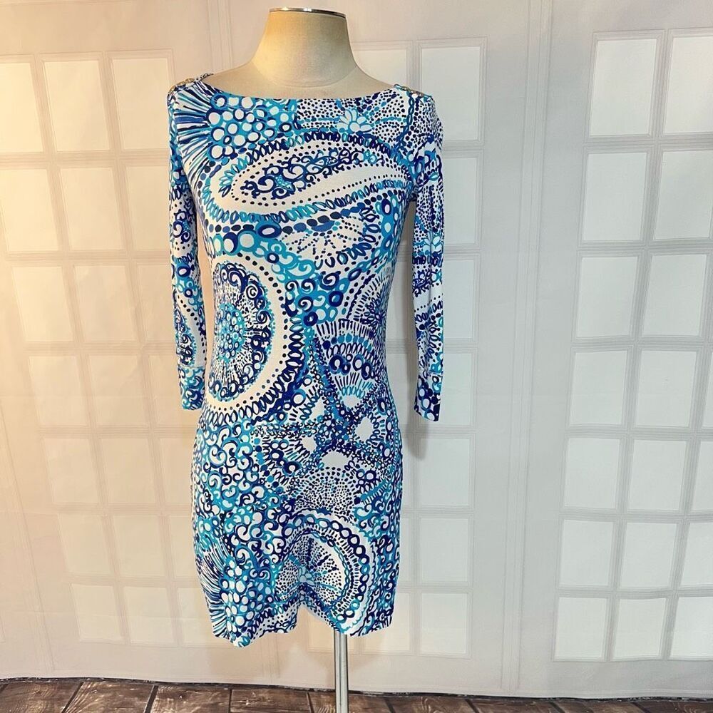 Lilly Pulitzer Blue White Sophie 3/4 Jersey Boat Neck Mini Dress Size XS